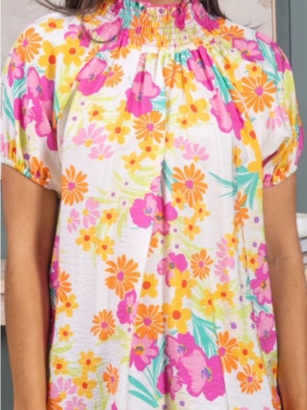 Floral Shirred Neck Women’s Top in Pink & Yellow. Small.